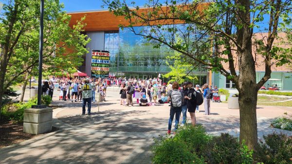 May 14, 2024 - Students gather to protest campus visitor’s preachings in front of the PUB