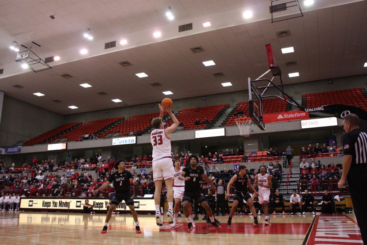 Freshman forward Emmett Marquardt takes a jump shot against Seattle University on Wednesday Nov. 6, 2024.