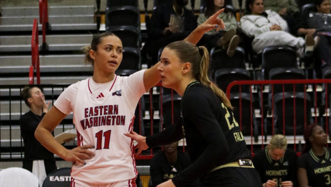 EWU graduate student guard Peyton Howard directs the offense while being guarded by Sacramento State sophomore guard Lina Falk on Jan. 12.