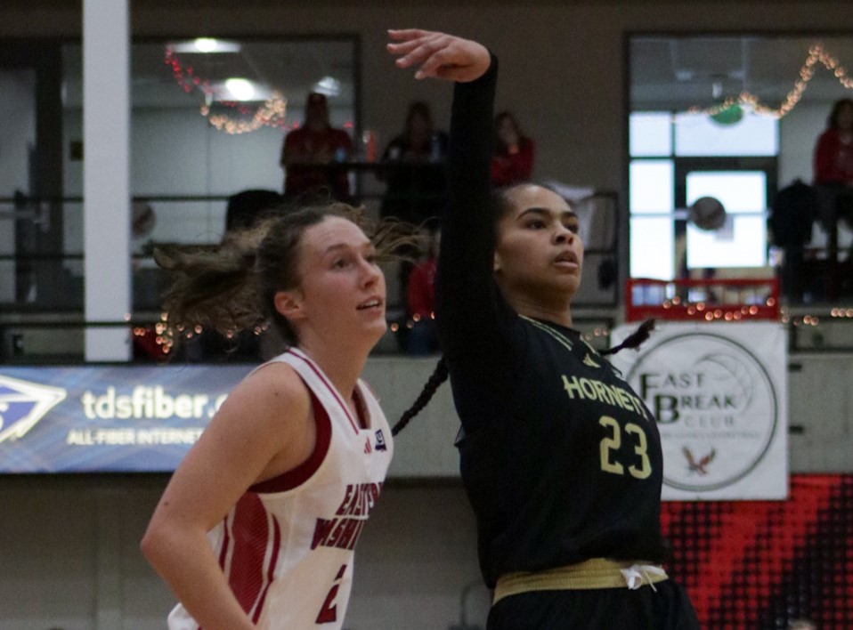 Sacramento State junior guard Jaydia Martin shoots the ball over Eastern Washington junior guard Ella Gallatin during a regular season game on Jan. 11. Martin scored 26 points against the Eagles during the conference tournament on Mar. 8.