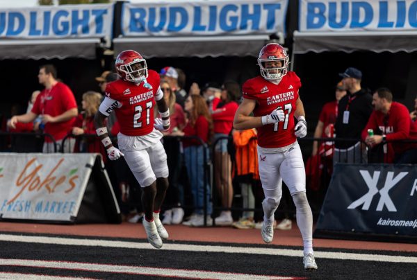 EWU sophomore safety Isaac Redford (left) and senior wide receiver Nolan Ulm (right) preparing for their game against Portland State on Oct. 4.