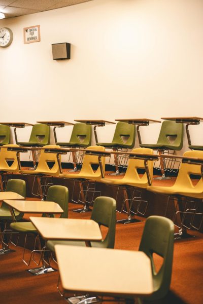 The desks where psychology students in the 1980s used to sit to witness a live counseling session.