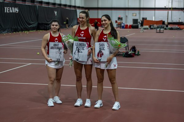 From left to right: EWU seniors Anait Arutiunian, Leandra Nizetic, and Sara Vasic were honored on Senior Day before their final regular-season tennis match.